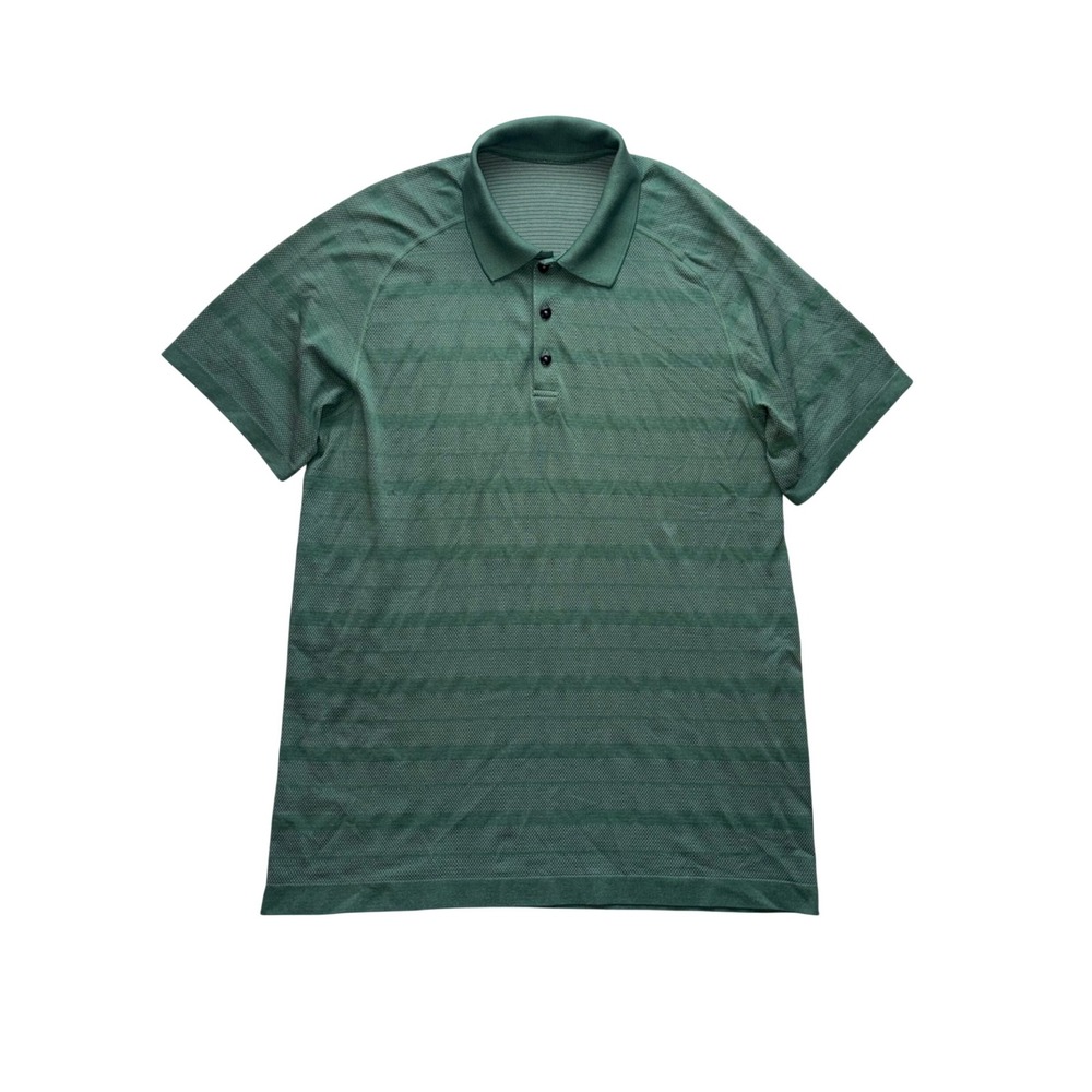 LULULEMON Metal Vent Tech Polo Men Large Green Striped Performance Golf Shirt